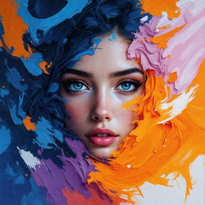 The primary subject of the image is a woman with blue eyes, who is looking directly at the camera. She is surrounded by a vibrant and colorful background, which includes a mix of orange, blue, and purple hues. The visual style of the image is a combination of digital art and illustration, creating a unique and artistic representation of the woman. The colors and mood of the image are lively and energetic, with the woman's blue eyes standing out as the focal point.